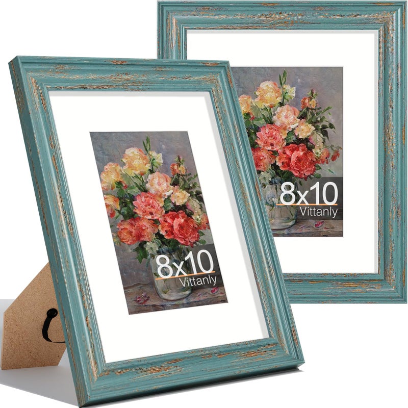 Vittanly 8x10 Picture Frames Set of 2, Ornate Vintage Photo Frame for Wall or Tabletop, Display 5x7 Pictures with Mat or 8x10 without Mat, Rustic Blue - Image 1